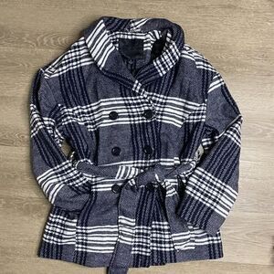 Joujou Plaid Coat – Dark Navy Blue & White – Front Button Jacket with Waist Tie